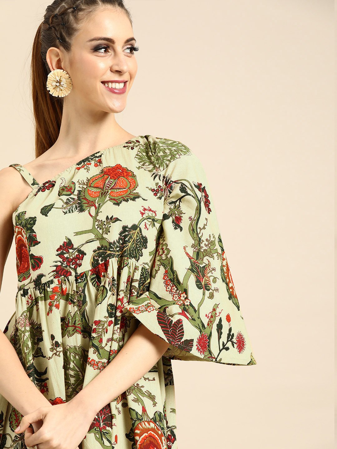 Women's Nayo Beige Floral Printed One Shoulder Fit And Flare Dress