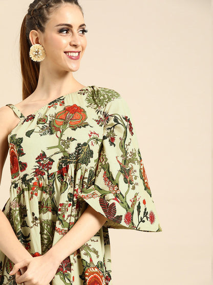 Women's Nayo Beige Floral Printed One Shoulder Fit And Flare Dress