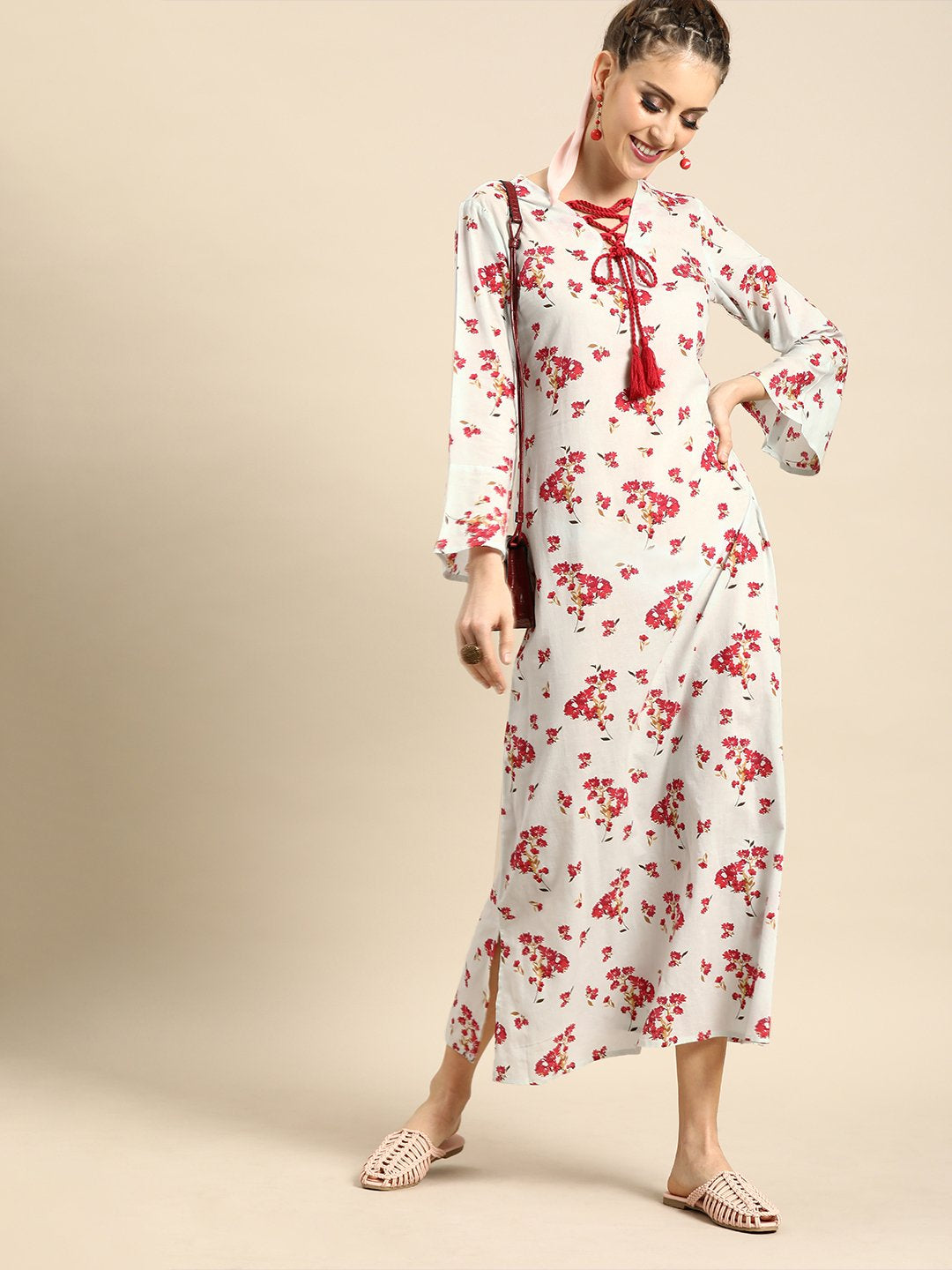 Women's Nayo Powder Blue Floral Printed V-Neck A-Line Dress