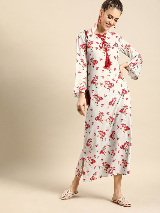 Women's Nayo Powder Blue Floral Printed V-Neck A-Line Dress