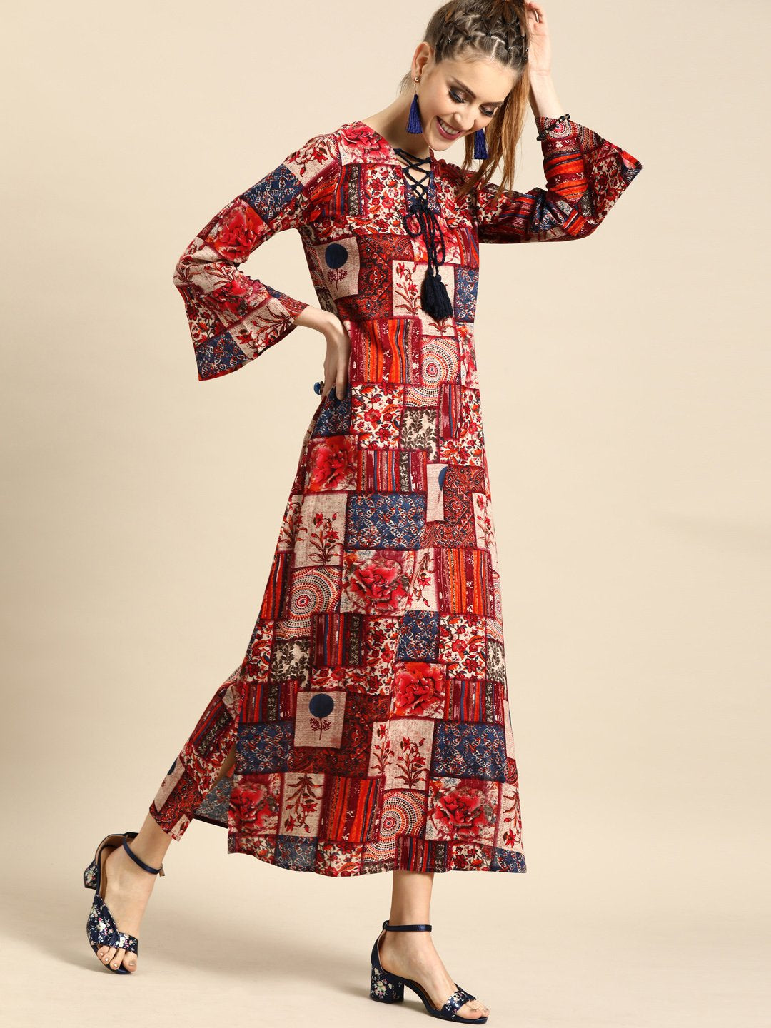 Women's Nayo Multi Floral Printed V-Neck A-Line Dress