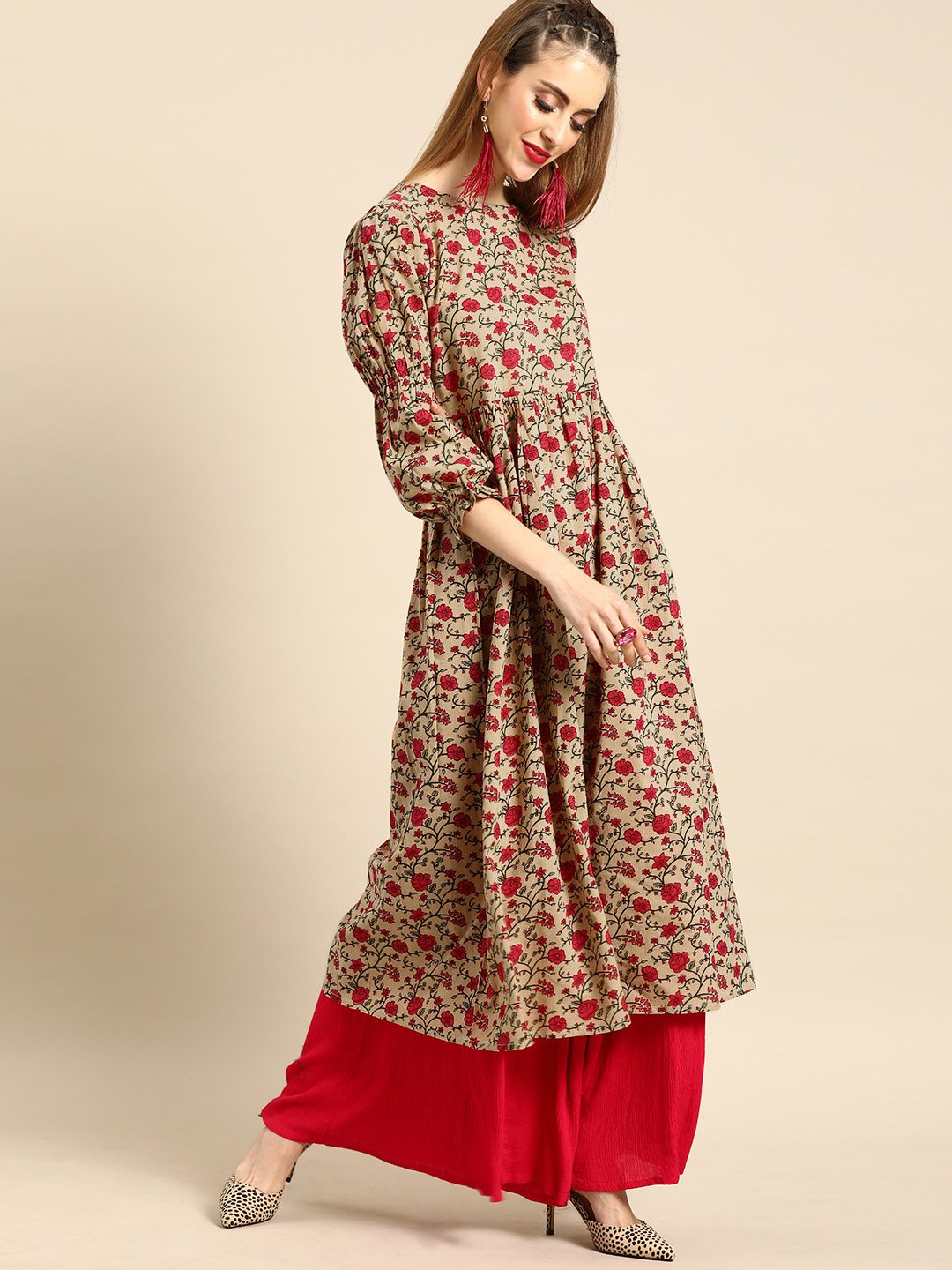 Women's Beige Calf Length Three-Quarter Sleeves A-Line Floral Printed Cotton Kurta