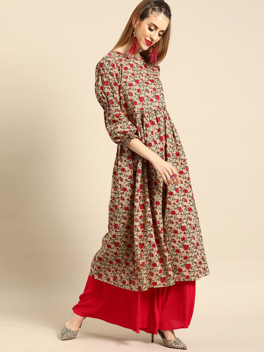 Women's Beige Calf Length Three-Quarter Sleeves A-Line Floral Printed Cotton Kurta