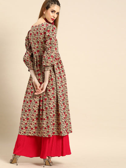 Women's Beige Calf Length Three-Quarter Sleeves A-Line Floral Printed Cotton Kurta