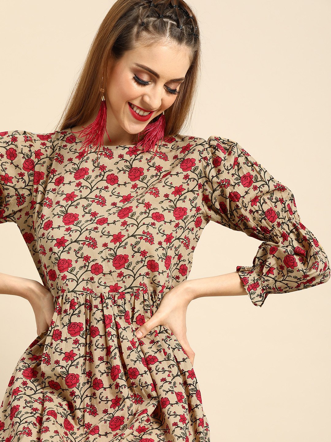 Women's Beige Calf Length Three-Quarter Sleeves A-Line Floral Printed Cotton Kurta