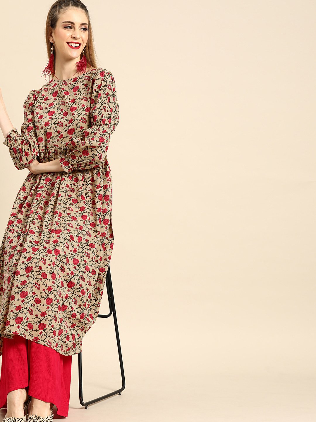 Women's Beige Calf Length Three-Quarter Sleeves A-Line Floral Printed Cotton Kurta