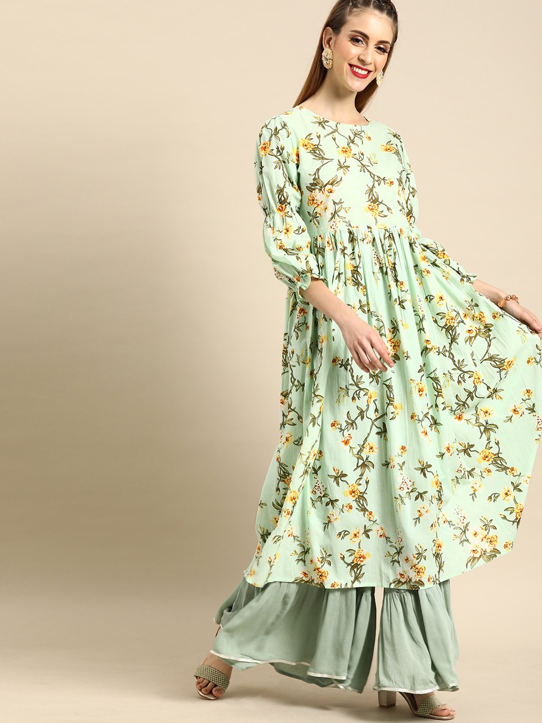 Women's Nayo Mint Green Calf Length Three-Quarter Sleeves A-Line Floral Printed Cotton Kurta