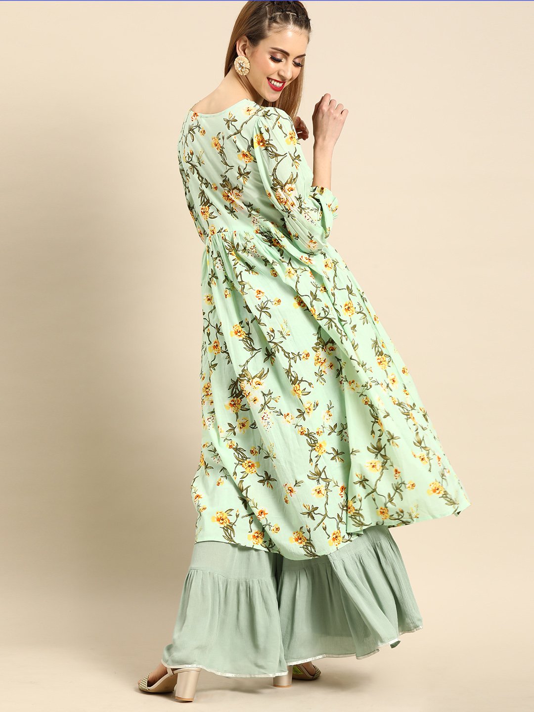 Women's Nayo Mint Green Calf Length Three-Quarter Sleeves A-Line Floral Printed Cotton Kurta