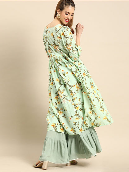 Women's Nayo Mint Green Calf Length Three-Quarter Sleeves A-Line Floral Printed Cotton Kurta