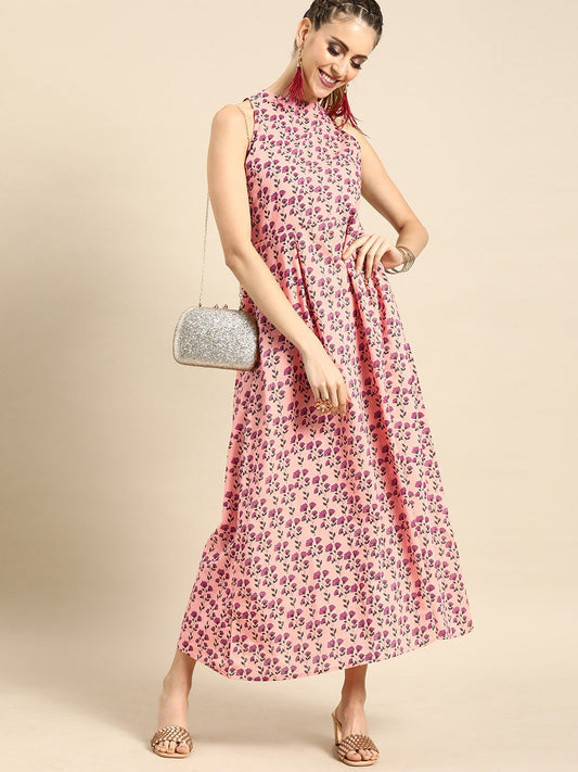 Women's Nayo Pink Floral Printed Halter Neck A-Line Dress