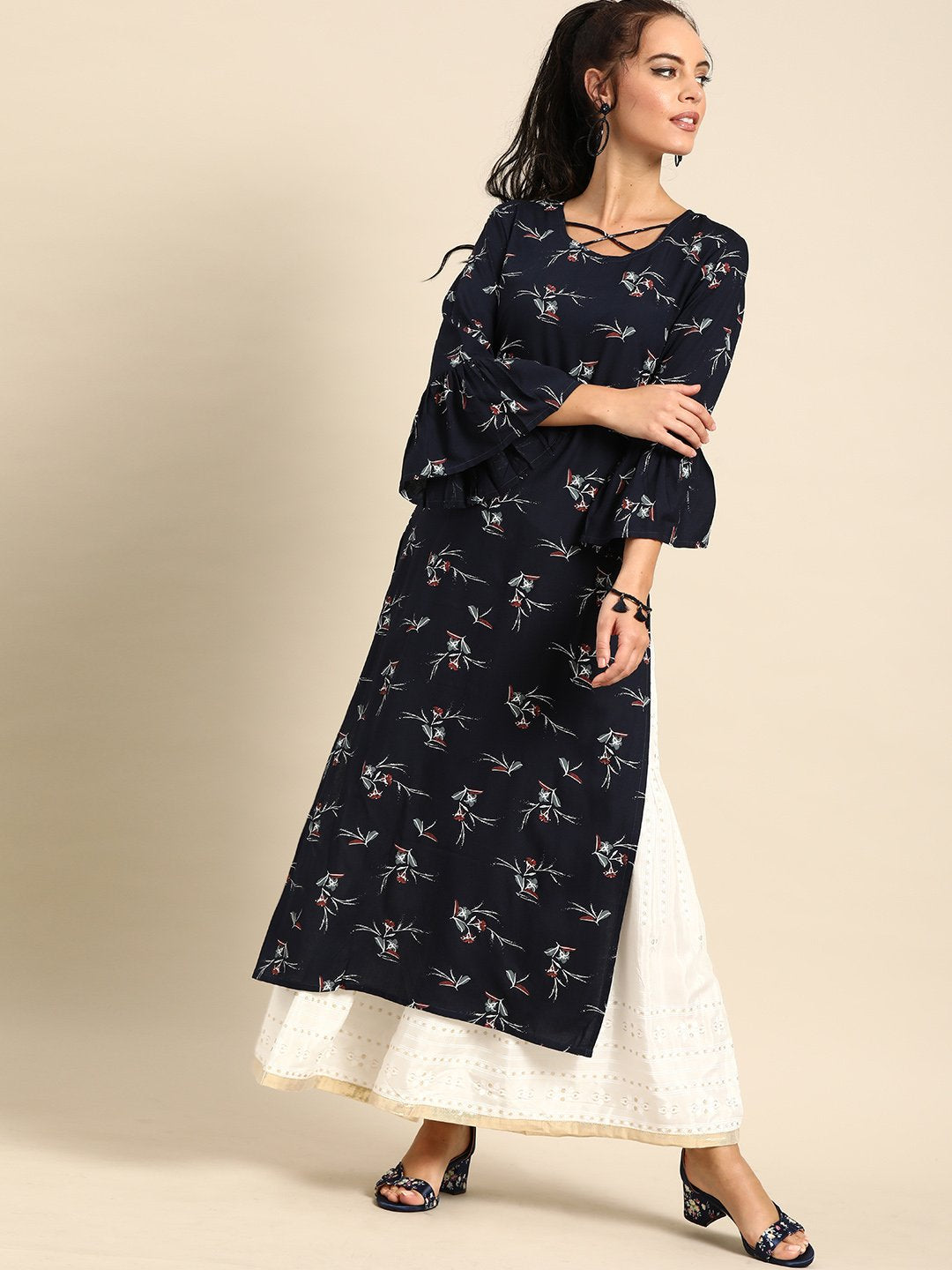 Women's Nayo Navy Blue Calf Length Three-Quarter Sleeves Straight Floral Printed Cotton Kurta