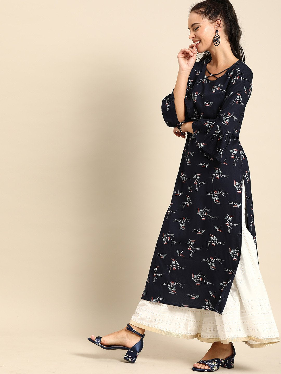 Women's Nayo Navy Blue Calf Length Three-Quarter Sleeves Straight Floral Printed Cotton Kurta