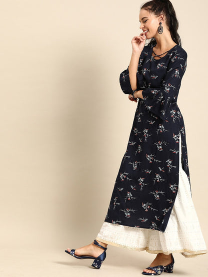 Women's Nayo Navy Blue Calf Length Three-Quarter Sleeves Straight Floral Printed Cotton Kurta