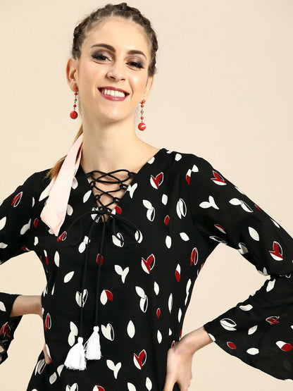 Women's Black & White Printed A-Line Dress