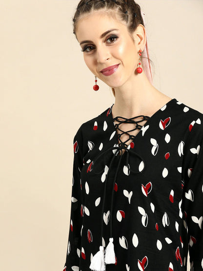 Women's Black & White Printed A-Line Dress