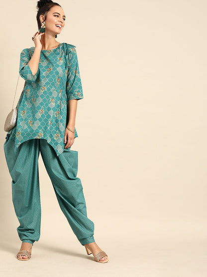 Women's Nayo Firozi Three-Quarter Sleeves Asymmetric Peplum Kurta With Dhoti Pants