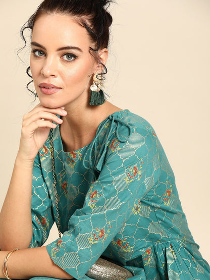 Women's Nayo Firozi Three-Quarter Sleeves Asymmetric Peplum Kurta With Dhoti Pants