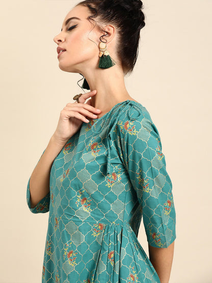 Women's Nayo Firozi Three-Quarter Sleeves Asymmetric Peplum Kurta With Dhoti Pants