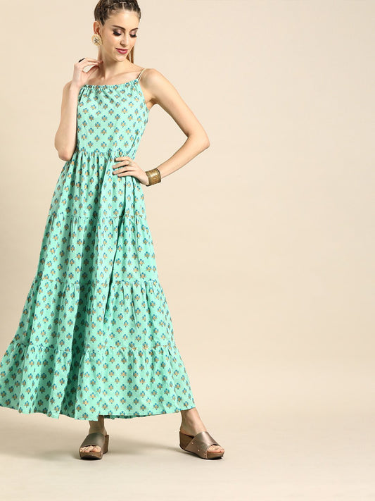 Women's Nayo Ice Blue Floral Printed Halter Neck Fit And Flare Dress