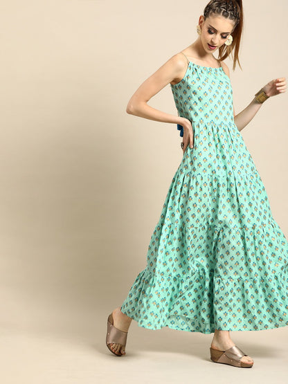 Women's Nayo Ice Blue Floral Printed Halter Neck Fit And Flare Dress