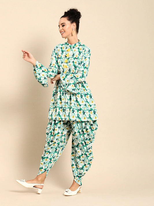 Women's Green & White Printed Kurta With Dhoti Pants