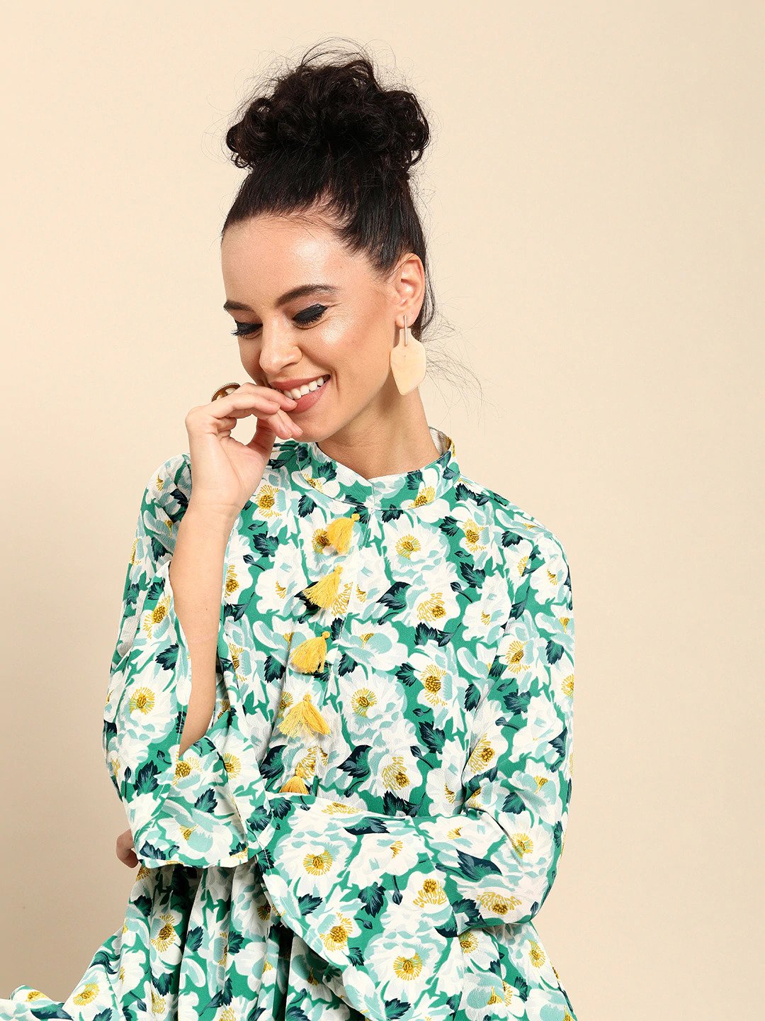 Women's Green & White Printed Kurta With Dhoti Pants