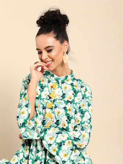 Women's Green & White Printed Kurta With Dhoti Pants