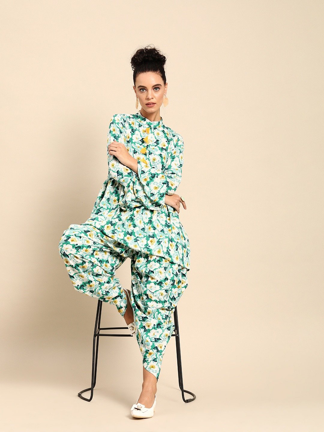 Women's Green & White Printed Kurta With Dhoti Pants