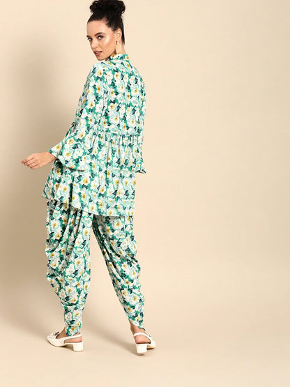 Women's Green & White Printed Kurta With Dhoti Pants