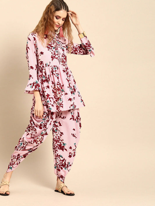 Women's Pink & Maroon Printed Kurta With Dhoti Pants