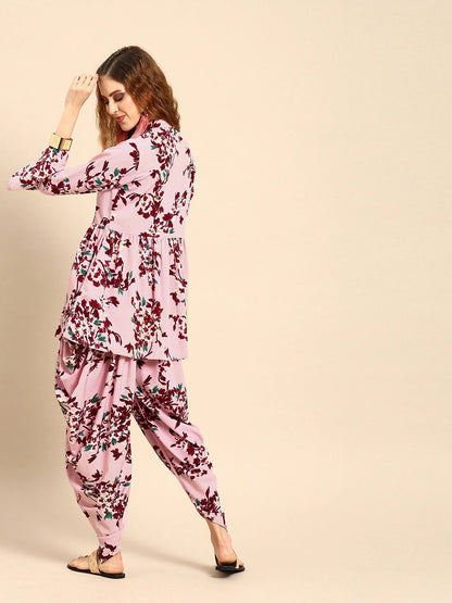 Women's Pink & Maroon Printed Kurta With Dhoti Pants