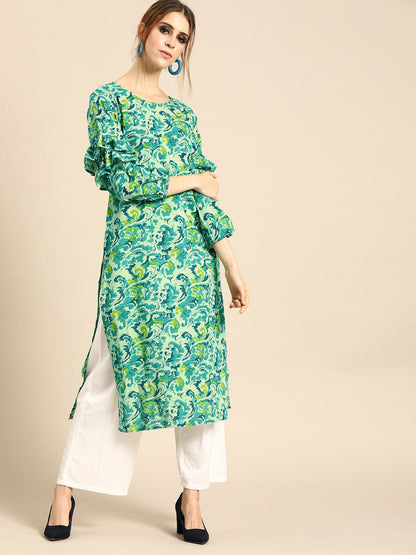 Women's Nayo Green Calf Length Long Sleeves Straight Floral Printed Cotton Kurta