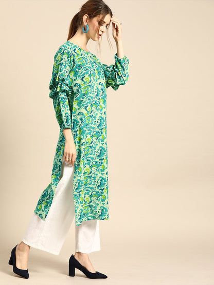 Women's Nayo Green Calf Length Long Sleeves Straight Floral Printed Cotton Kurta
