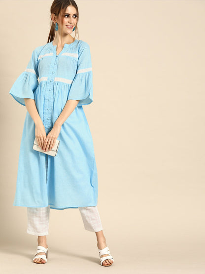 Women's Blue & White Solid Kurta With Schiffli Trousers