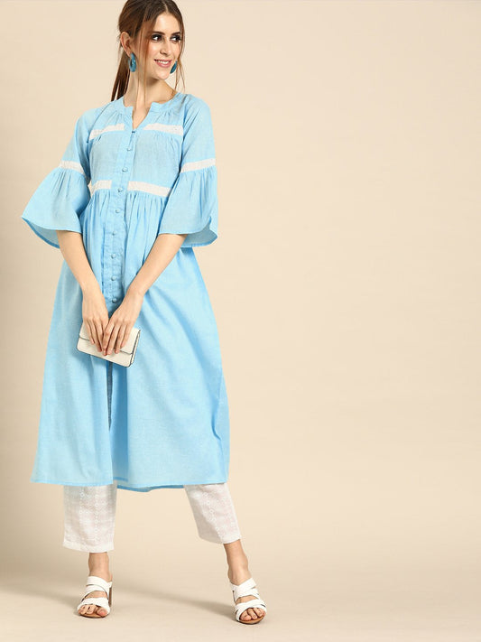 Women's Blue & White Solid Kurta With Schiffli Trousers