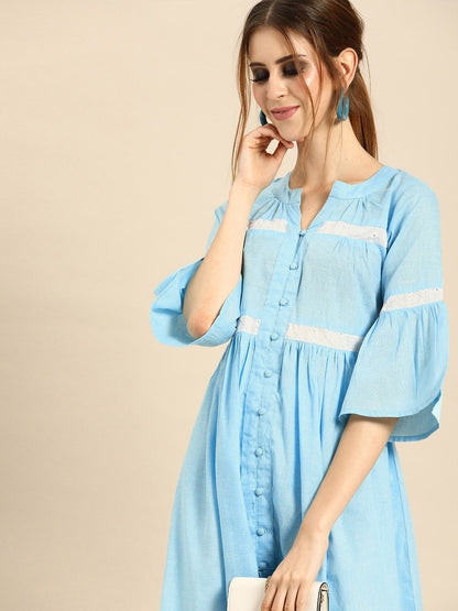Women's Blue & White Solid Kurta With Schiffli Trousers