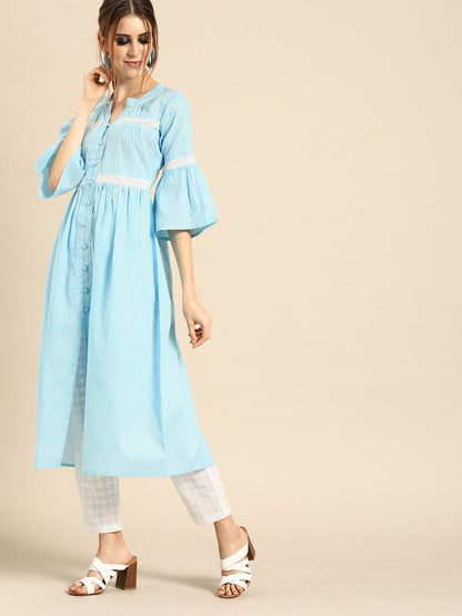 Women's Blue & White Solid Kurta With Schiffli Trousers