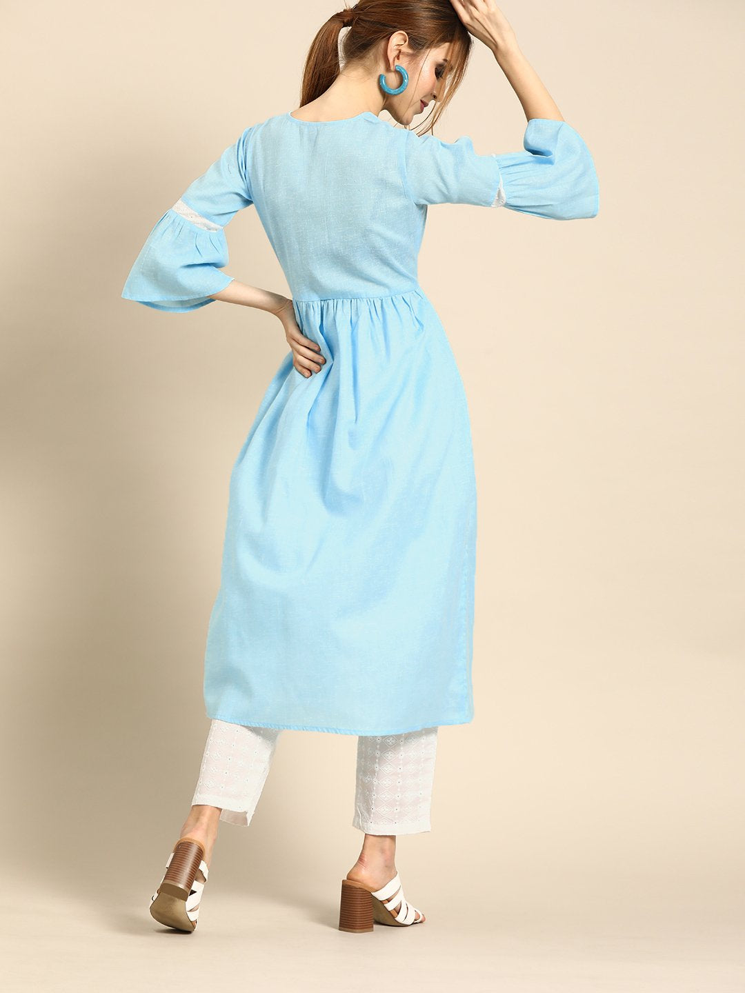 Women's Blue & White Solid Kurta With Schiffli Trousers
