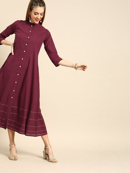Women's Nayo Burgundy Solid Solid Mandarin Collar Fit And Flare Dress