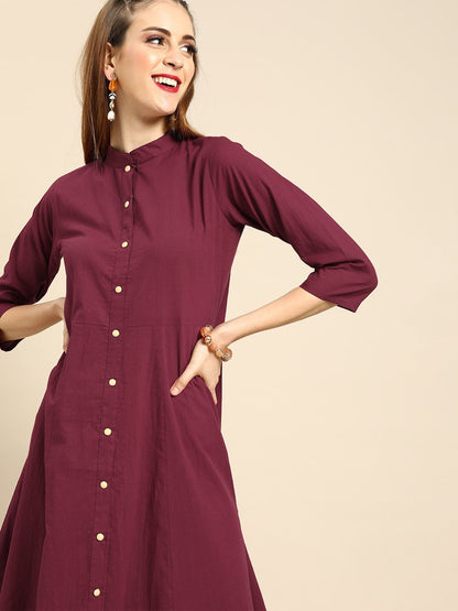 Women's Nayo Burgundy Solid Solid Mandarin Collar Fit And Flare Dress