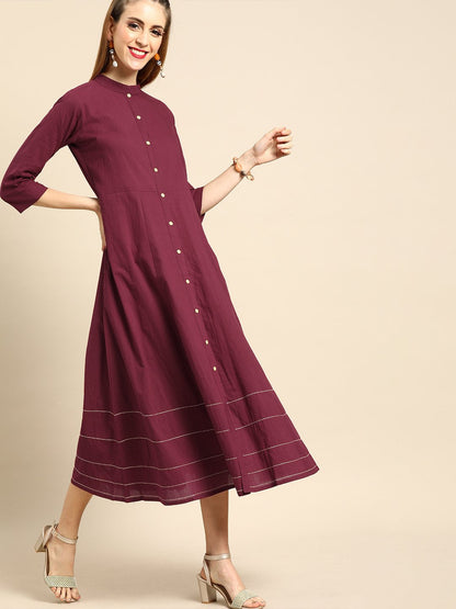 Women's Nayo Burgundy Solid Solid Mandarin Collar Fit And Flare Dress