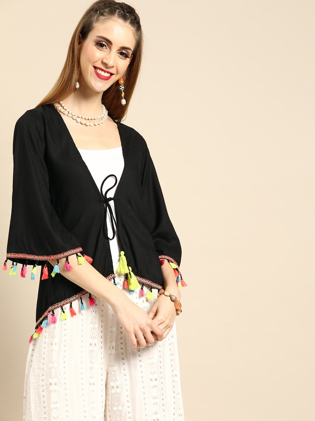 Women's Nayo Solid Black Shrug With Tassle And Pom Pom Detail