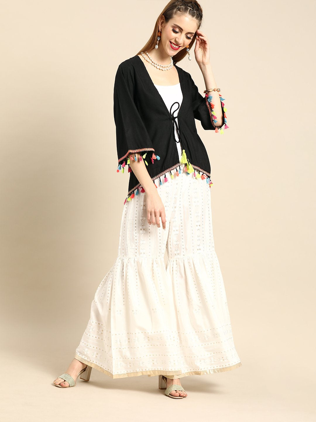 Women's Nayo Solid Black Shrug With Tassle And Pom Pom Detail