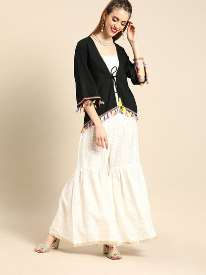 Women's Nayo Solid Black Shrug With Tassle And Pom Pom Detail