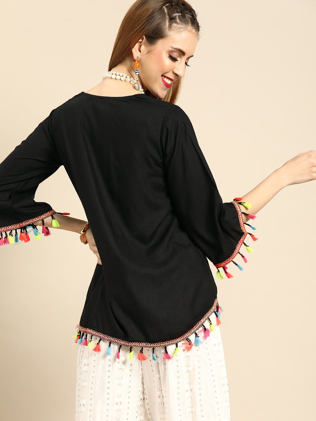 Women's Nayo Solid Black Shrug With Tassle And Pom Pom Detail