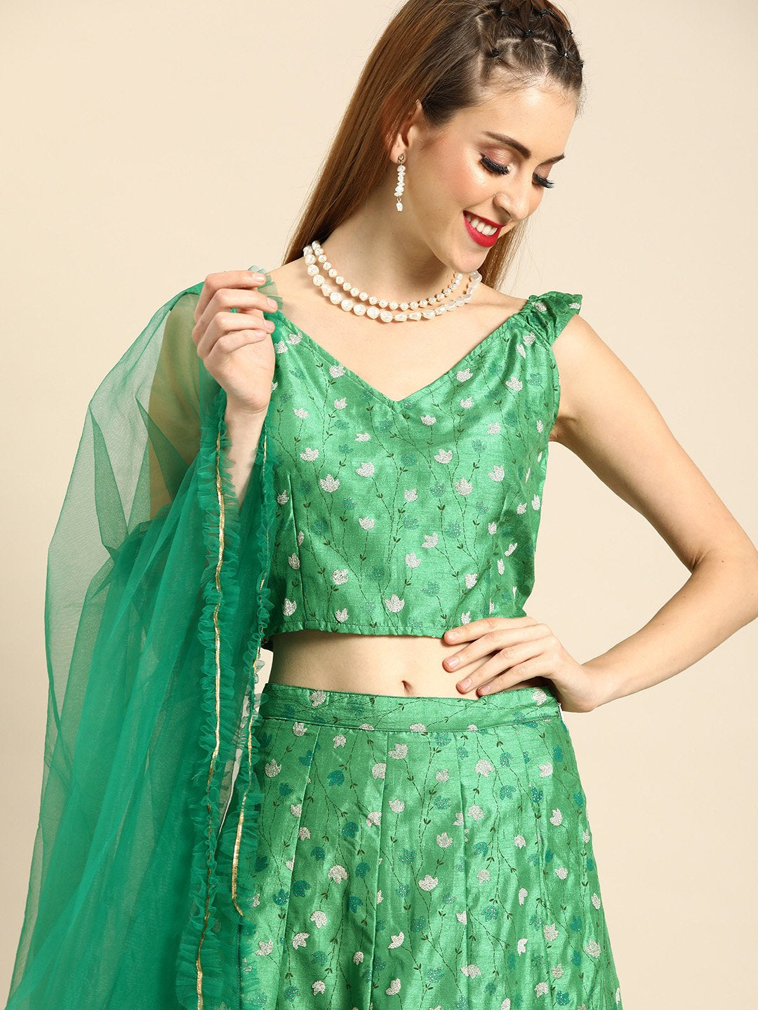 Women's Nayo Green Printed Dola Silk Lehenga Choli With Dupatta
