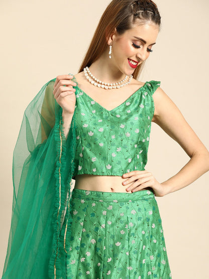 Women's Nayo Green Printed Dola Silk Lehenga Choli With Dupatta