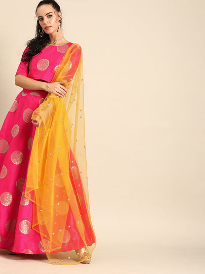 Women's Nayo Pink Broked Jaqard Lehenga Choli With Dupatta