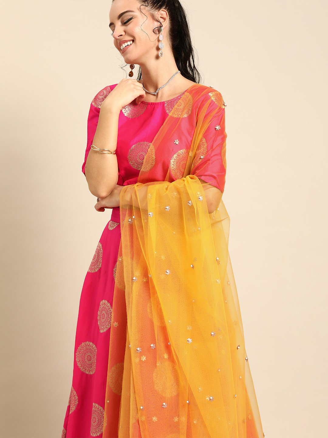 Women's Nayo Pink Broked Jaqard Lehenga Choli With Dupatta