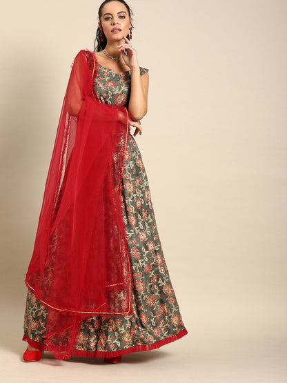 Women's Nayo Grey Rayon Foil Printed Lehenga Choli With Dupatta